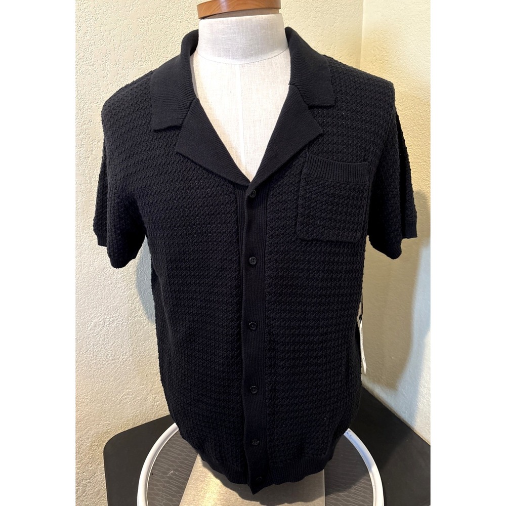 WilliamRast Men Black Shirt Short Sleeve Knit Button Down Sz Large Pocket NEW